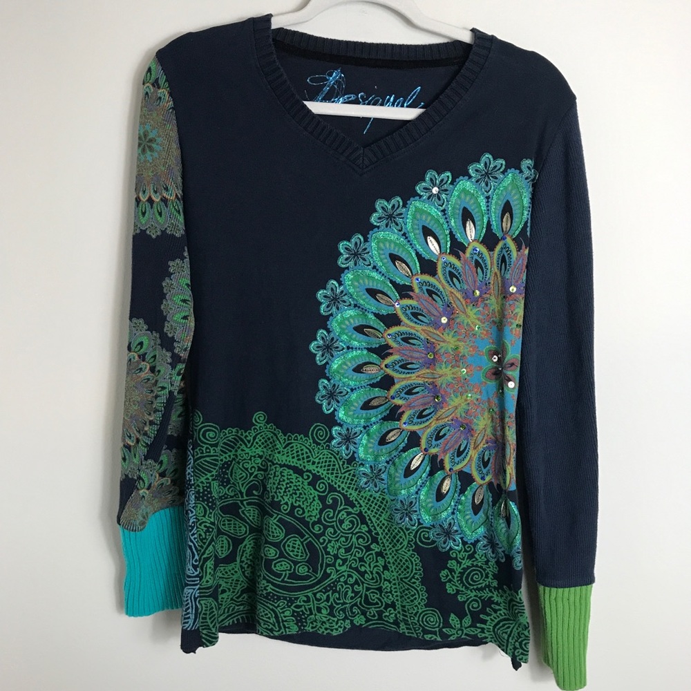 Desigual Artistic Green and Blue V-Neck Sweater - Picture 1 of 7